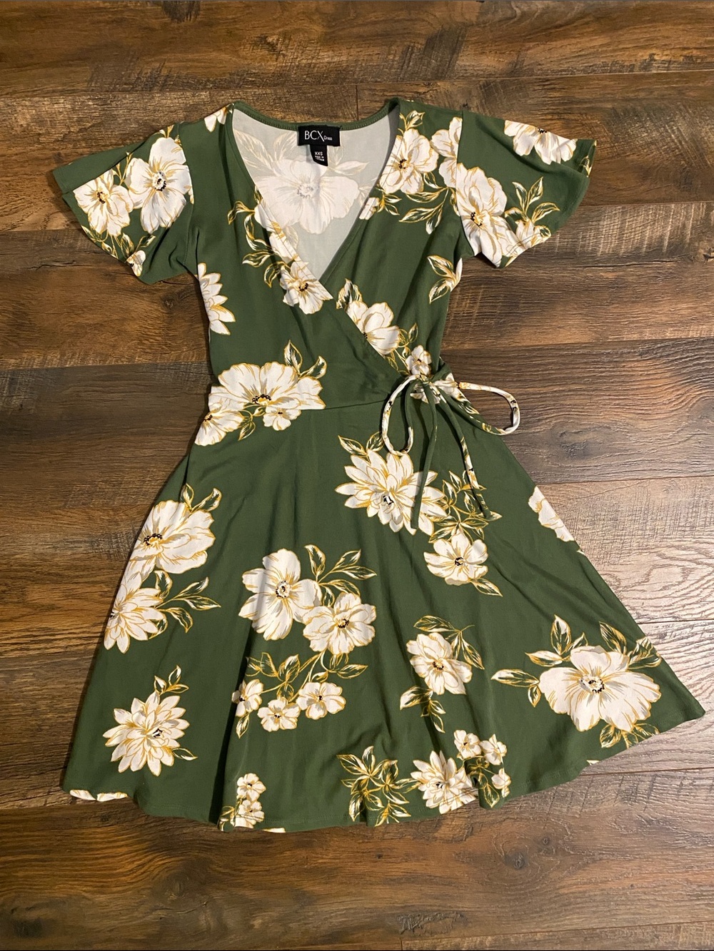 BCX Olive Green Floral Wrap Midi Dress